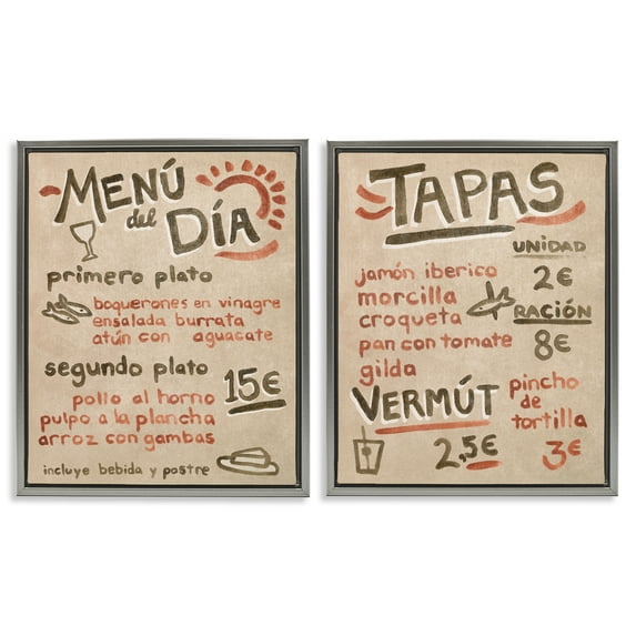 Stupell Industries Travel Tapas Menu Food & Beverage Painting Gray Floater Framed Canvas Art Print Wall Art, 17 x 21, Set of 2
