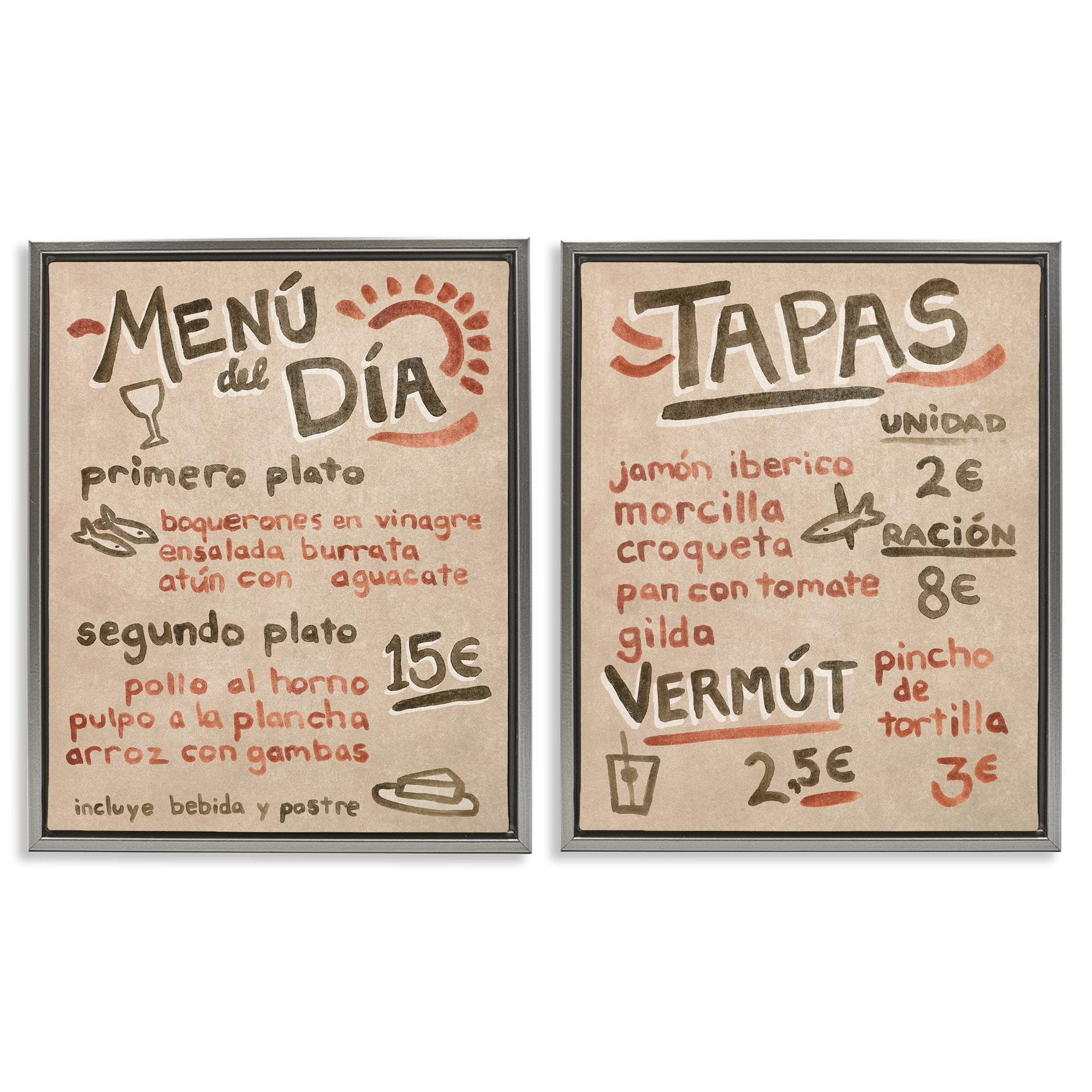 Stupell Industries Travel Tapas Menu Food & Beverage Painting Gray Floater Framed Canvas Art Print Wall Art, 31 x 25, Set of 2