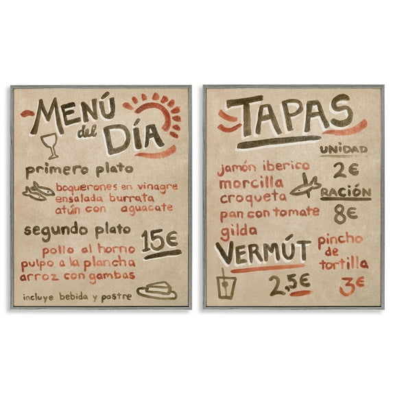 Stupell Industries Travel Tapas Menu Food & Beverage Painting Gray Framed Art Print Wall Art, 11 x 14, Set of 2