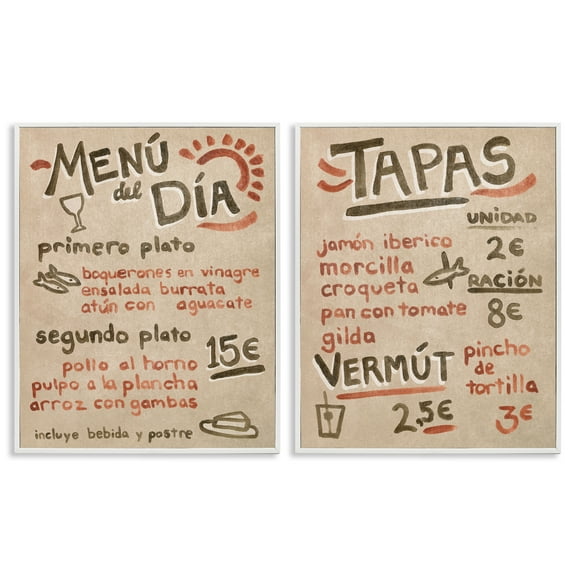 Stupell Industries Travel Tapas Menu Food & Beverage Painting White Framed Art Print Wall Art, 11 x 14, Set of 2