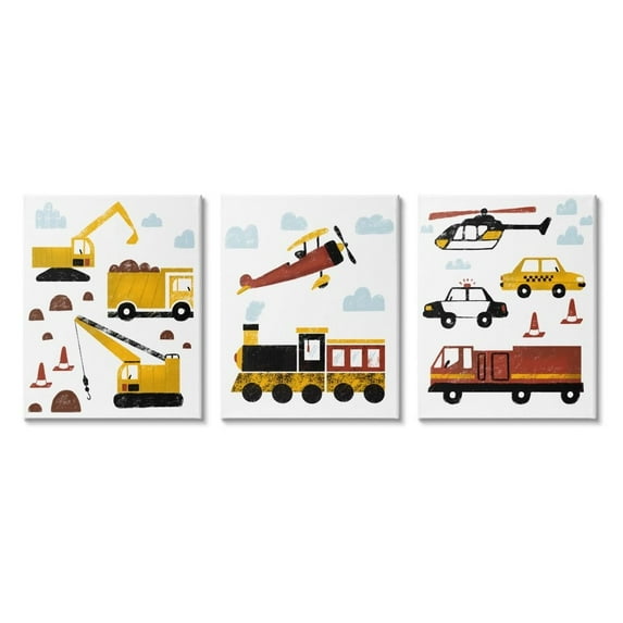 Stupell Industries Travel and Construction Illustration Trains Trucks Cars Canvas Wall Art Design by Daphne Polselli, 3 Piece, 16" x 20"