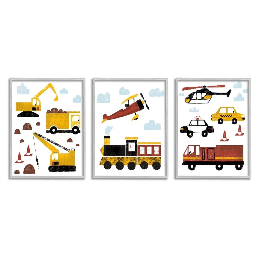 Stupell Industries Travel and Construction Illustration Trains Trucks Cars Framed Wall Art Design by Daphne Polselli, 3 Piece, 16" x 20", Gray Framed