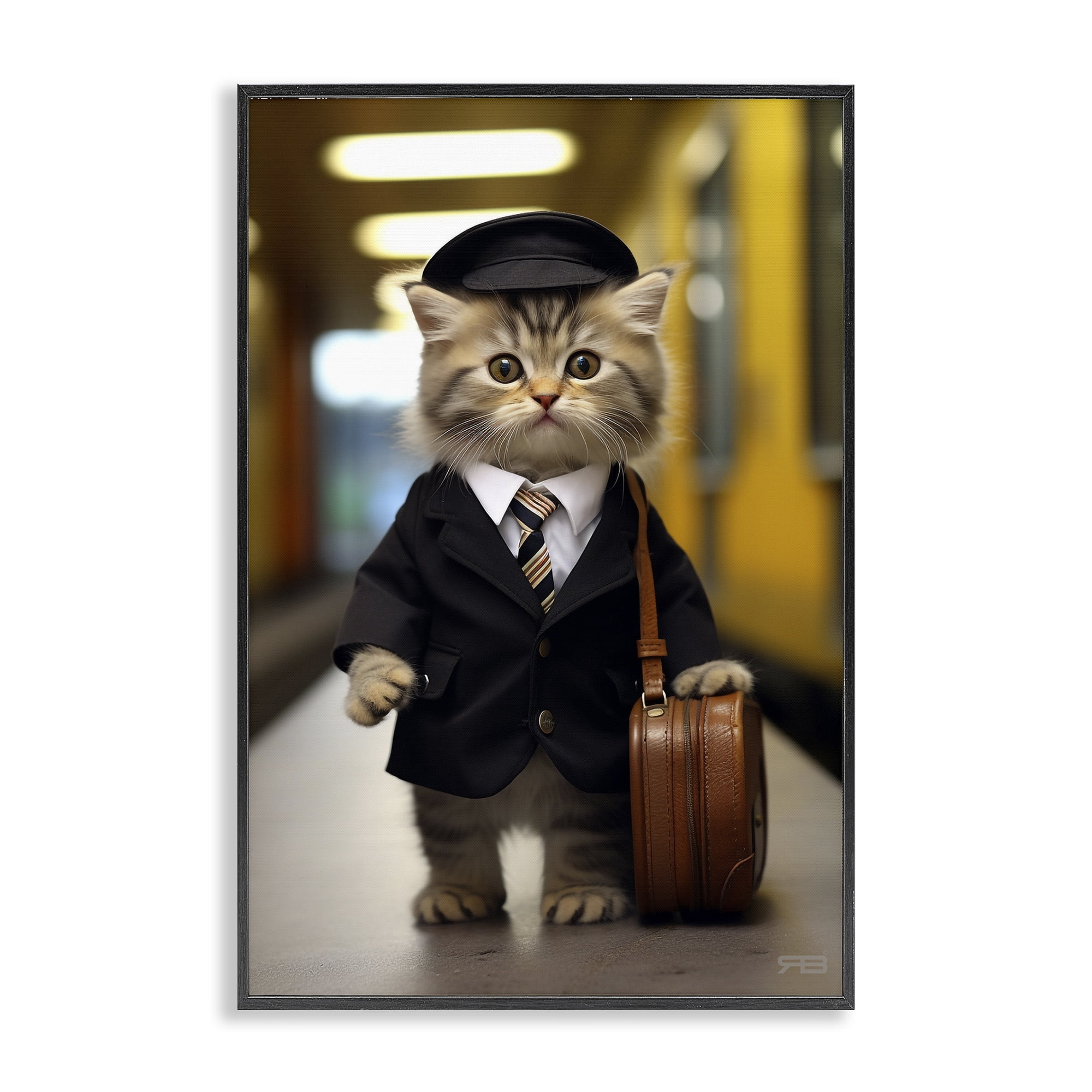 Stupell Industries Traveler Kitten & Briefcase Novelty Painting Black Framed Art Print Wall Art, 16 x 24
