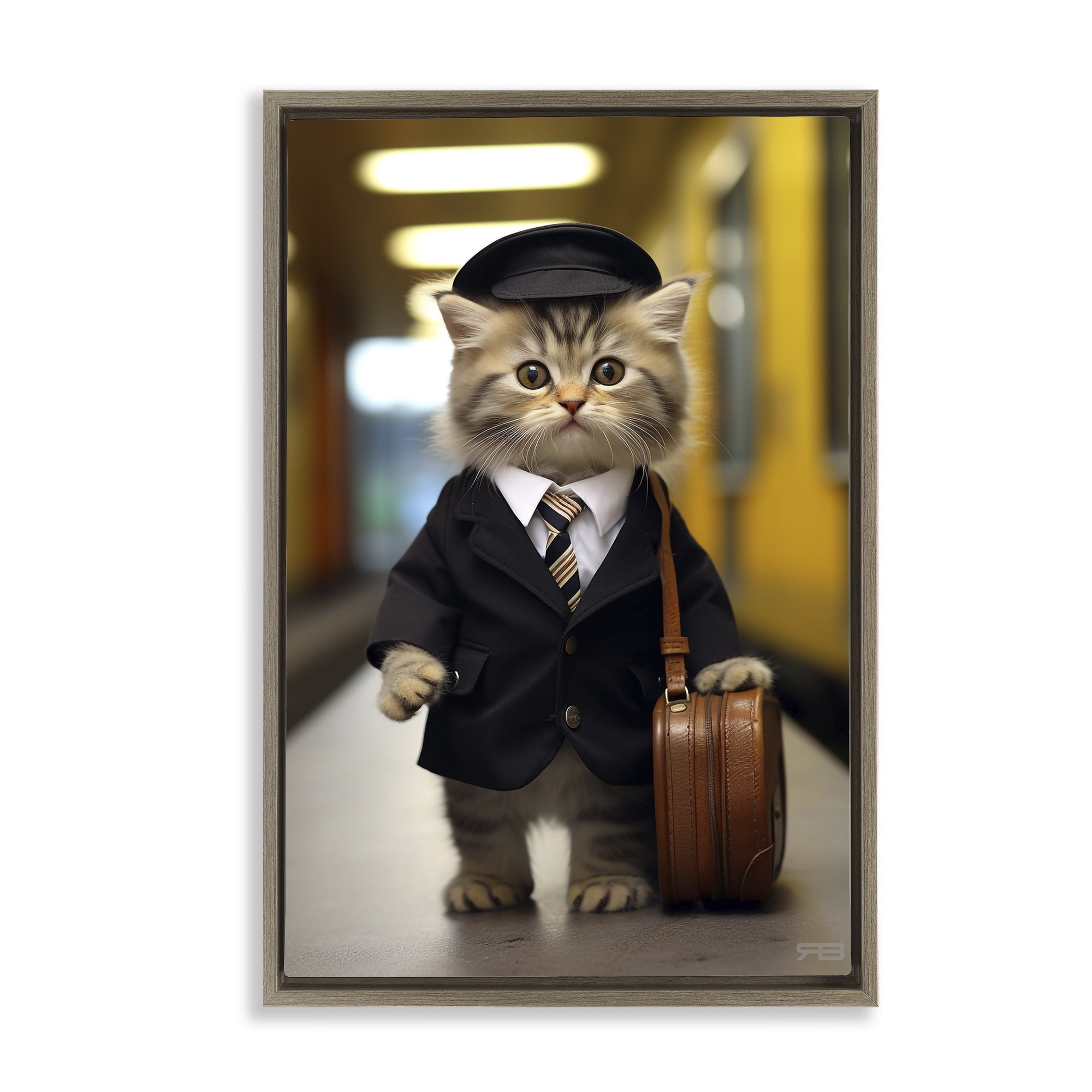 Stupell Industries Traveler Kitten & Briefcase Novelty Painting Brown Floater Framed Canvas Art Print Wall Art, 21 x 31