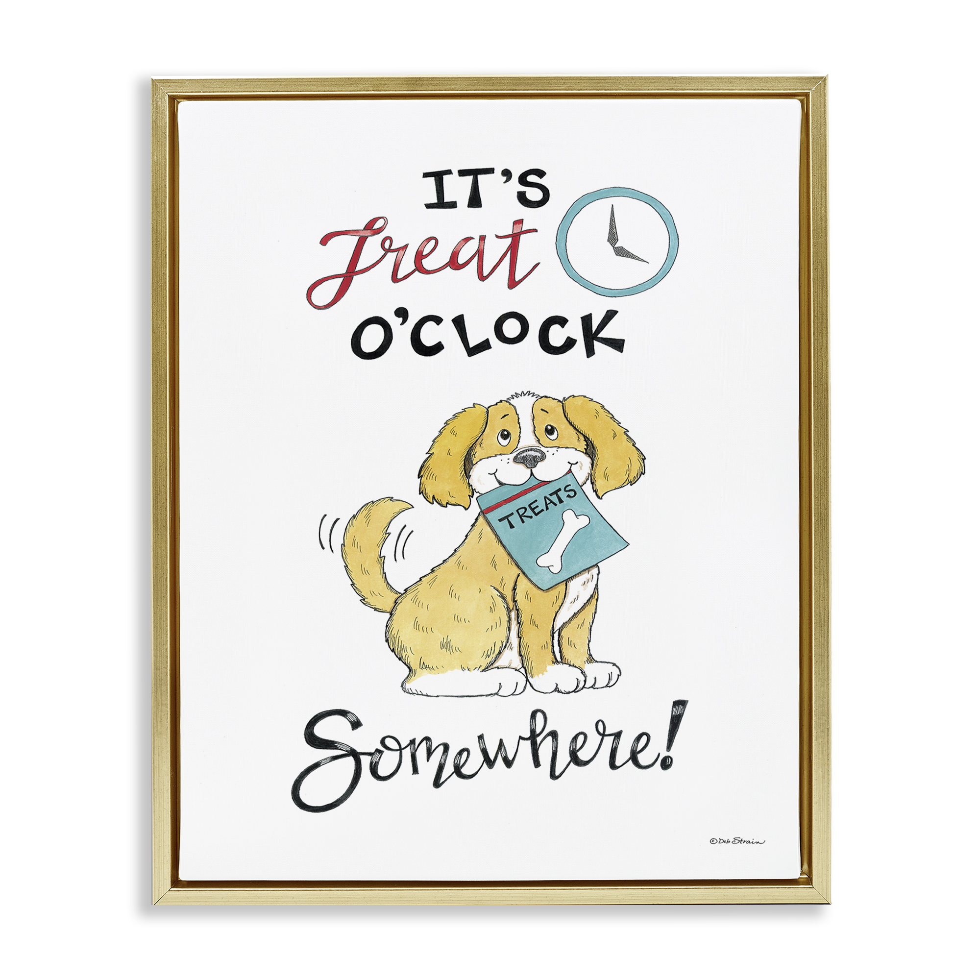 Stupell Industries Treat o'Clock Somewhere Animals Painting Gold Floater Framed Canvas Art Print Wall Art, 17 x 21