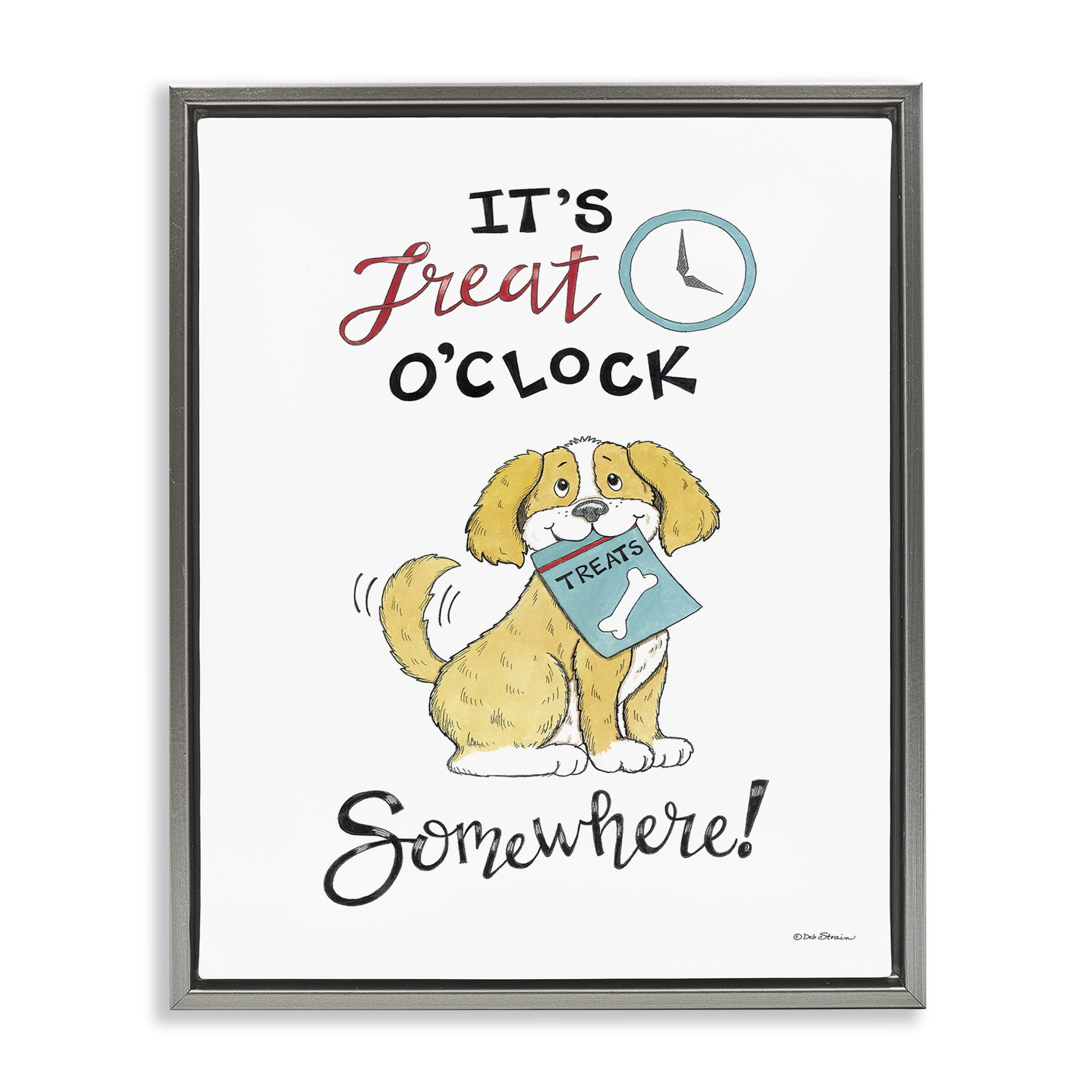 Stupell Industries Treat o'Clock Somewhere Animals Painting Gray Floater Framed Canvas Art Print Wall Art, 17 x 21