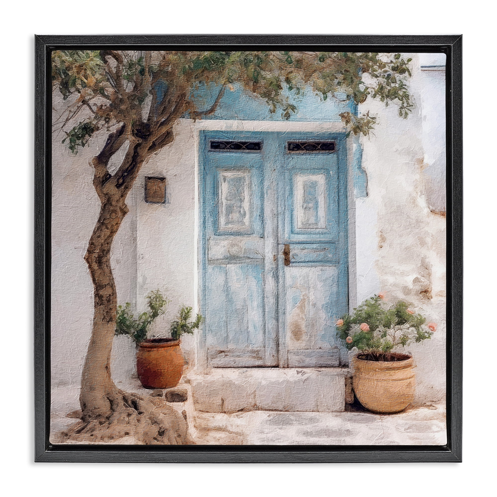 Stupell Industries Tree & Blue Doorway Town & City Painting Black Floater Framed Canvas Art Print Wall Art, 18 x 18