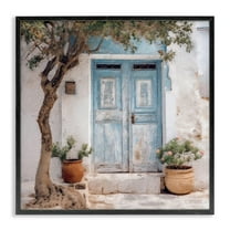Stupell Industries Tree & Blue Doorway Town & City Painting Black Framed Art Print Wall Art, 12 x 12