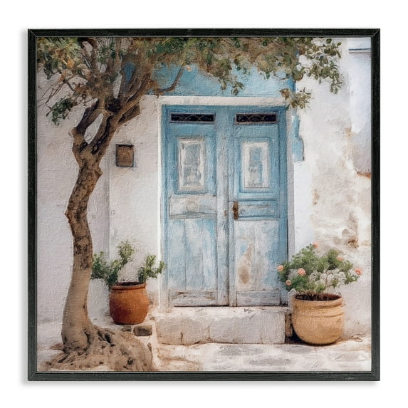 Stupell Industries Tree & Blue Doorway Town & City Painting Black Framed Art Print Wall Art, 17 x 17