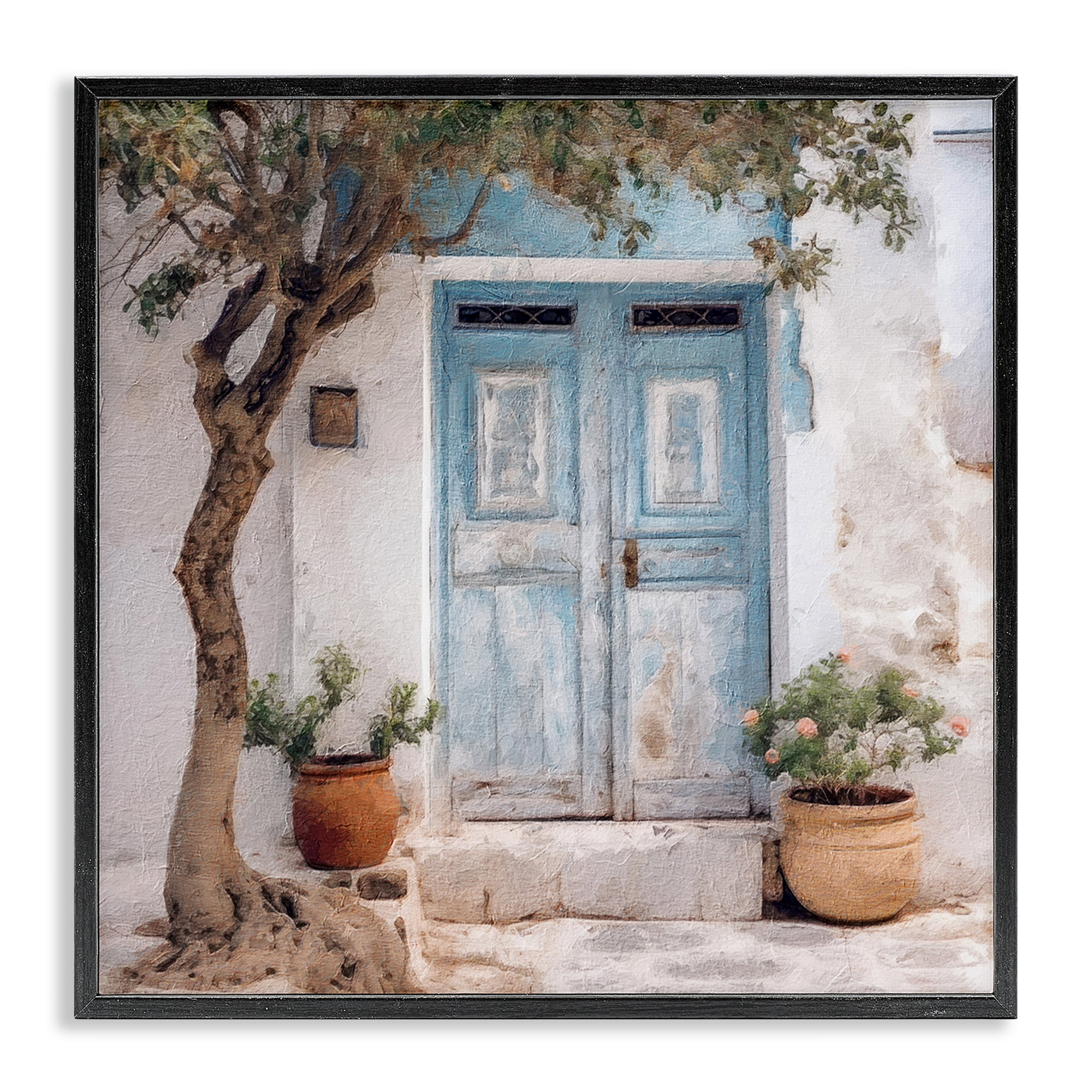 Stupell Industries Tree & Blue Doorway Town & City Painting Black Framed Art Print Wall Art, 24 x 24