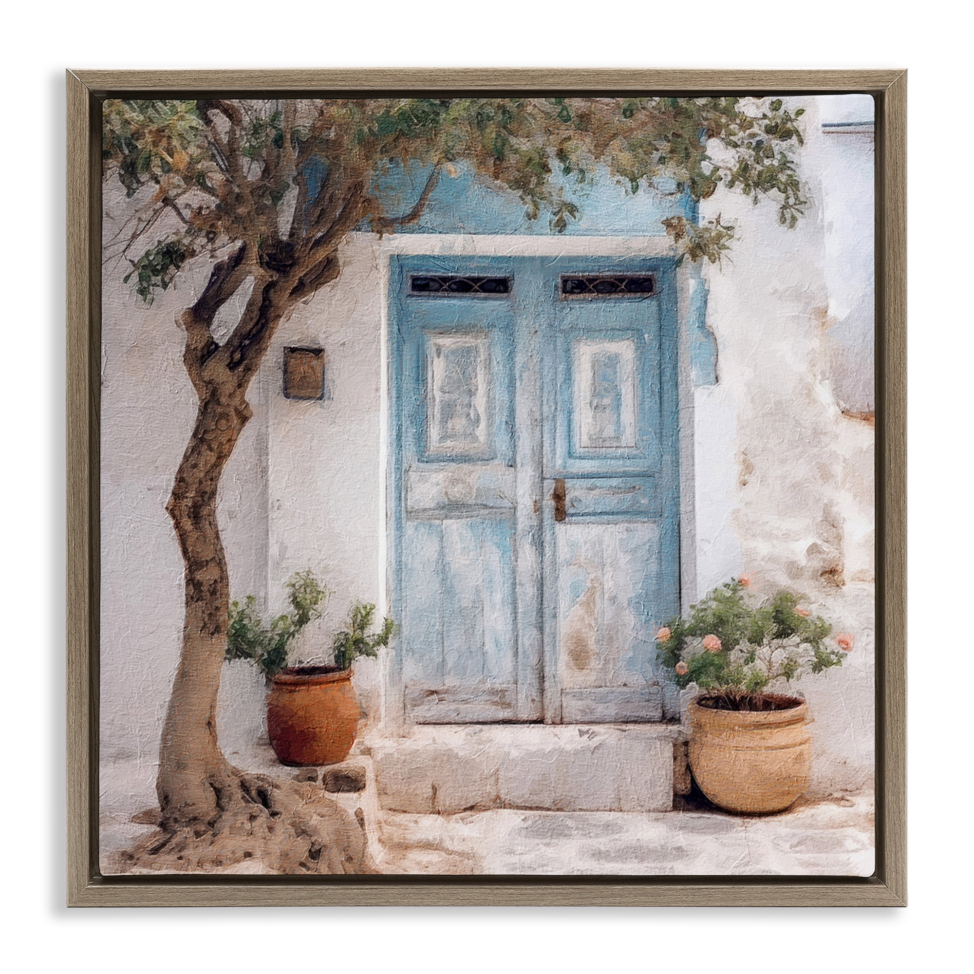 Stupell Industries Tree & Blue Doorway Town & City Painting Brown Floater Framed Canvas Art Print Wall Art, 25 x 25