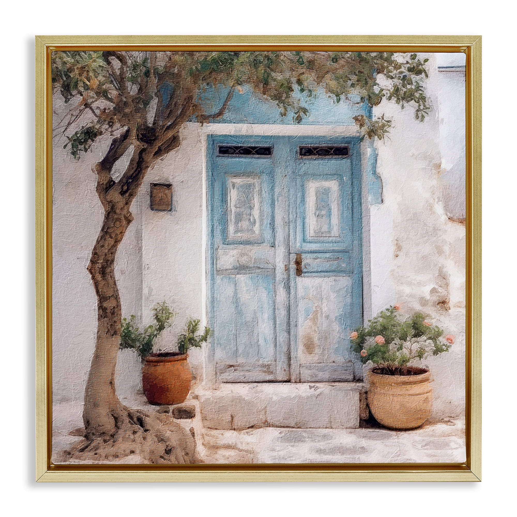 Stupell Industries Tree & Blue Doorway Town & City Painting Gold Floater Framed Canvas Art Print Wall Art, 25 x 25