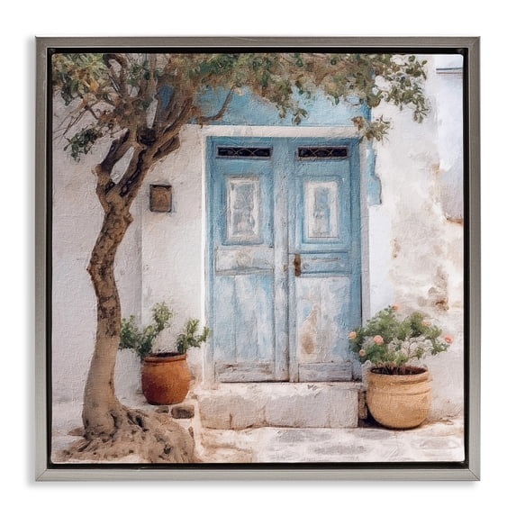 Stupell Industries Traditional Tree & Blue Doorway Gray Floating Frame Canvas Art, 18 x 18, by Riley B