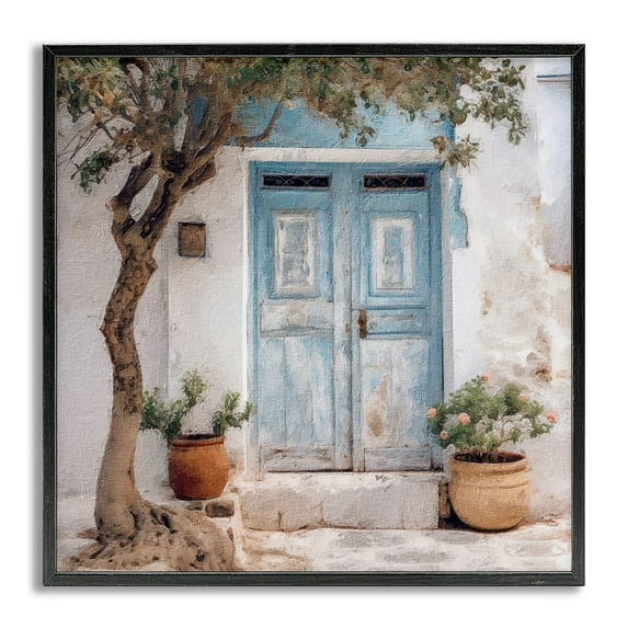 Stupell Industries Tree & Blue Doorway Town & City Painting Gray Framed Art Print Wall Art, 12 x 12