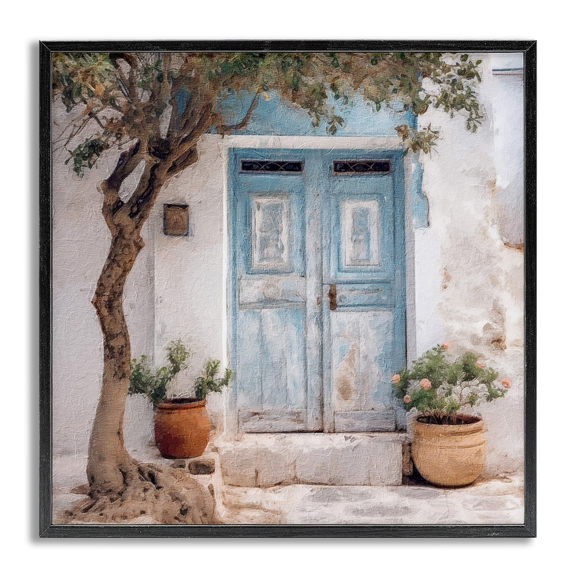 Stupell Industries Tree & Blue Doorway Town & City Painting Gray Framed Art Print Wall Art, 17 x 17