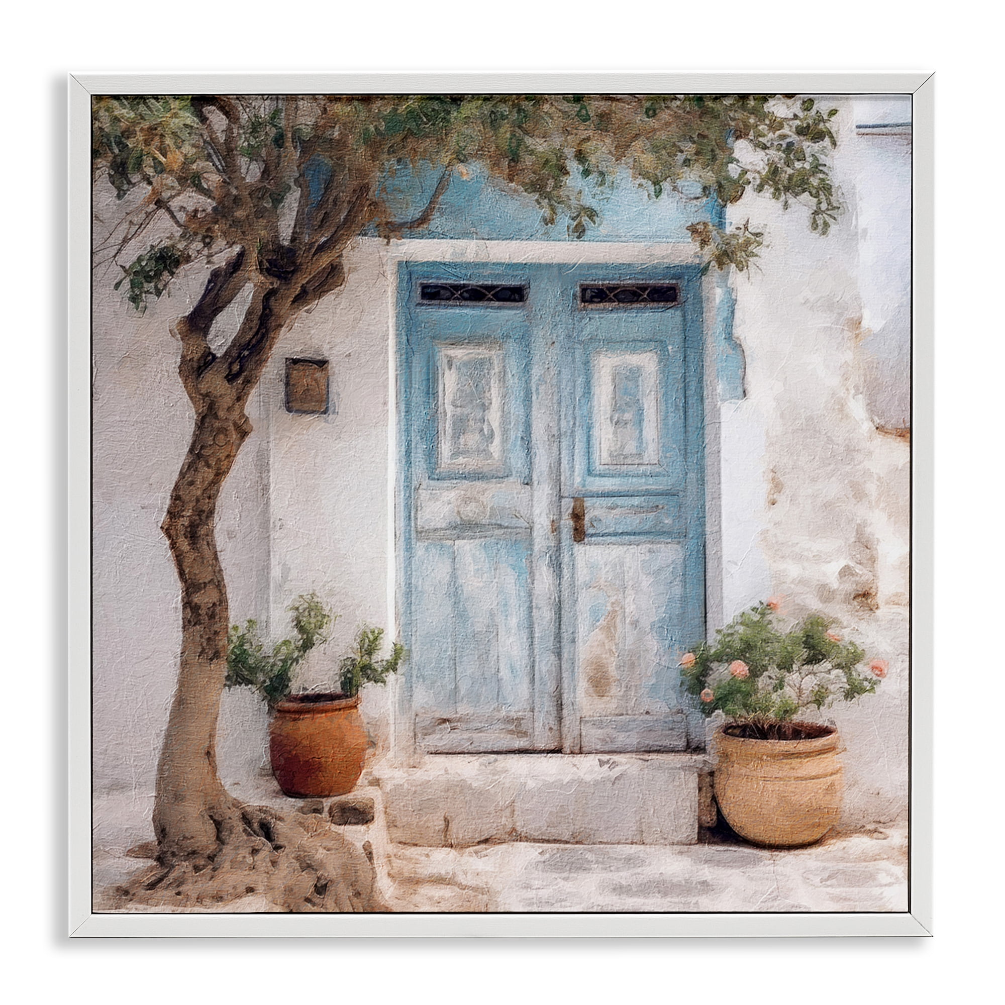 Stupell Industries Tree & Blue Doorway Town & City Painting White Framed Art Print Wall Art, 24 x 24