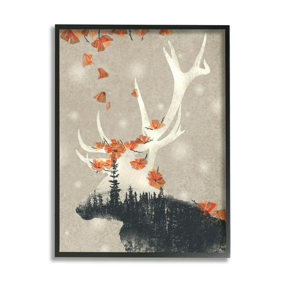 Stupell Industries Tree Forest Elk Silhouette Orange Florals Black Framed by Ziwei Li