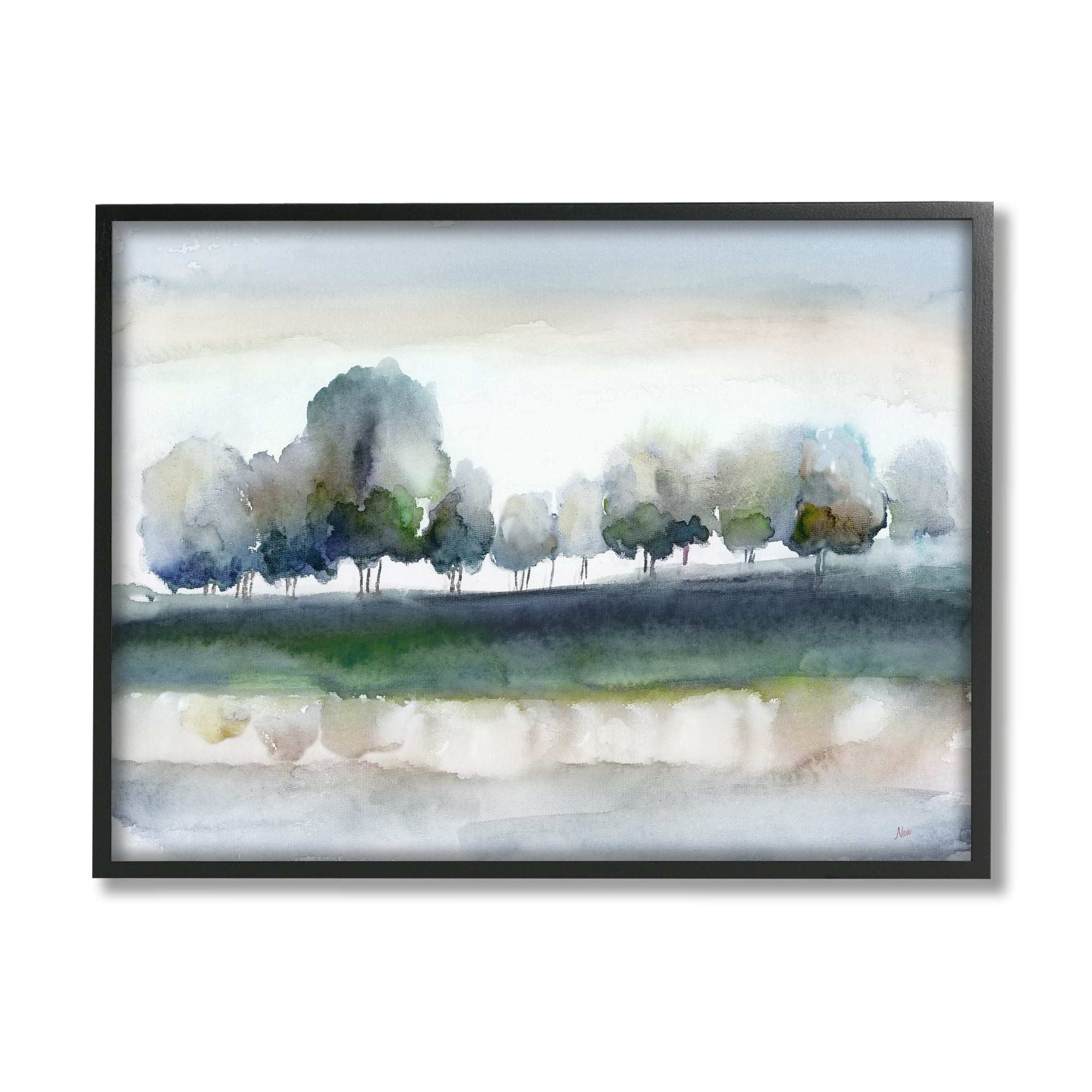 Stupell Industries Tree Orchard Flowing River Watercolor Nature Scene Painting Black Framed Art Print Wall Art, Design by Nan