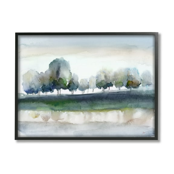 Stupell Industries Tree Orchard Flowing River Watercolor Nature Scene Painting Black Framed Art Print Wall Art, Design by Nan