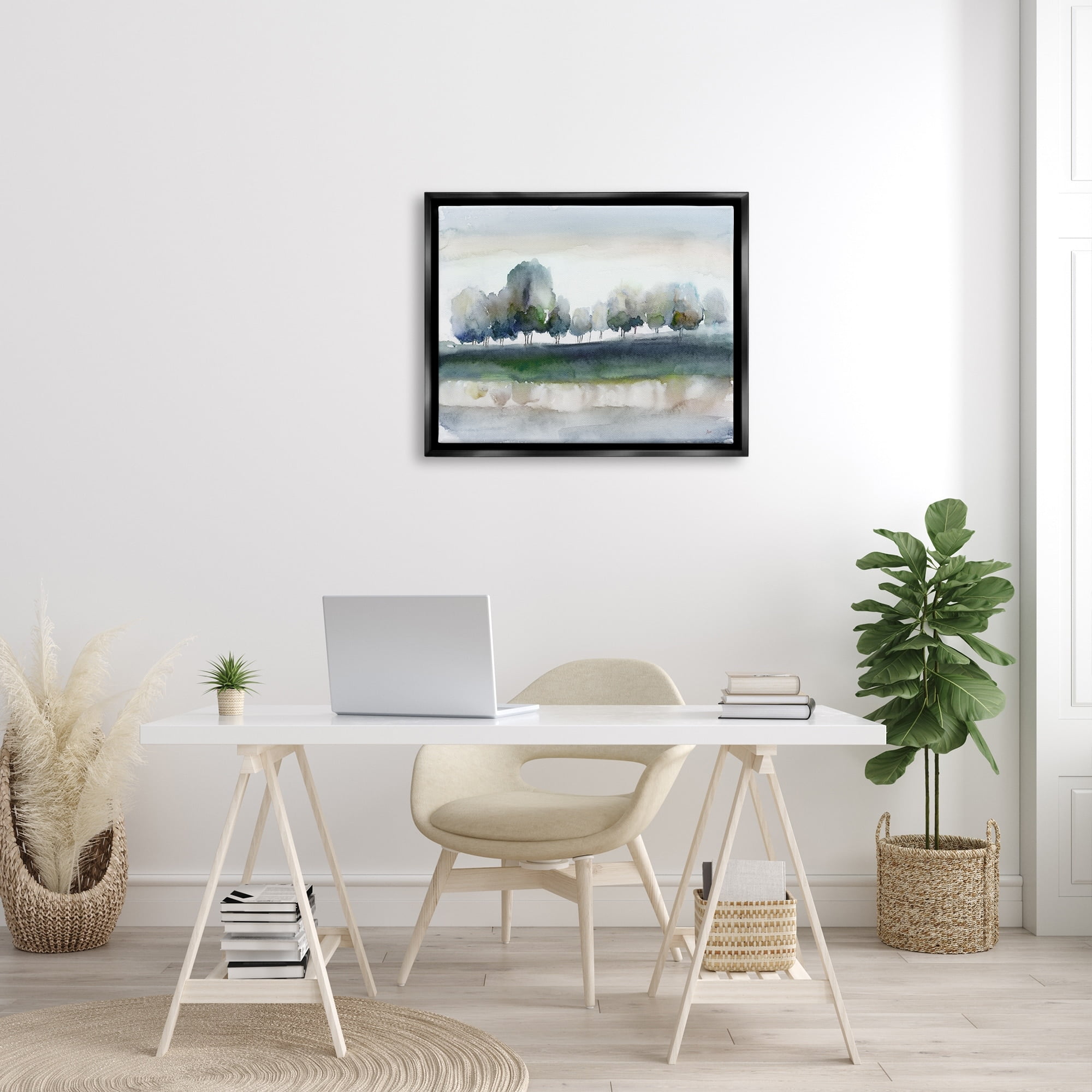 Stupell Industries Tree Orchard Flowing River Watercolor Nature Scene Painting Jet Black Floating Framed Canvas Print Wall Art, Design by Nan