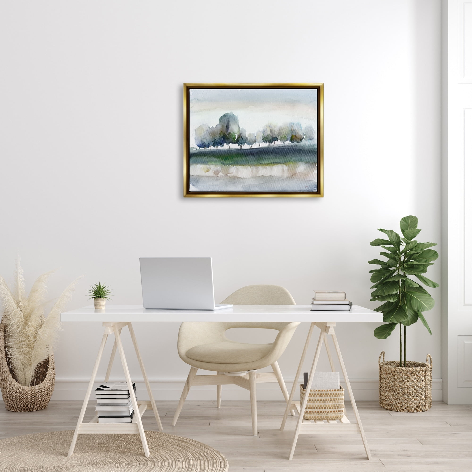 Stupell Industries Tree Orchard Flowing River Watercolor Nature Scene Painting Metallic Gold Floating Framed Canvas Print Wall Art, Design by Nan
