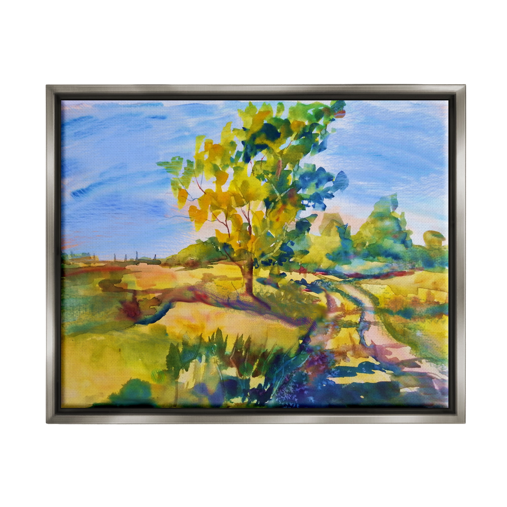 Stupell Industries Tree & Path Landscape Nature Painting Gray Floater Framed Art Print Wall Art, 21 x 17