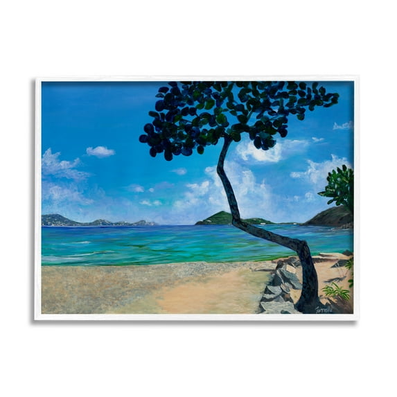 Stupell Industries Tree Silhouette on Beach Nature Painting White Framed Art Print Wall Art, 30 x 24