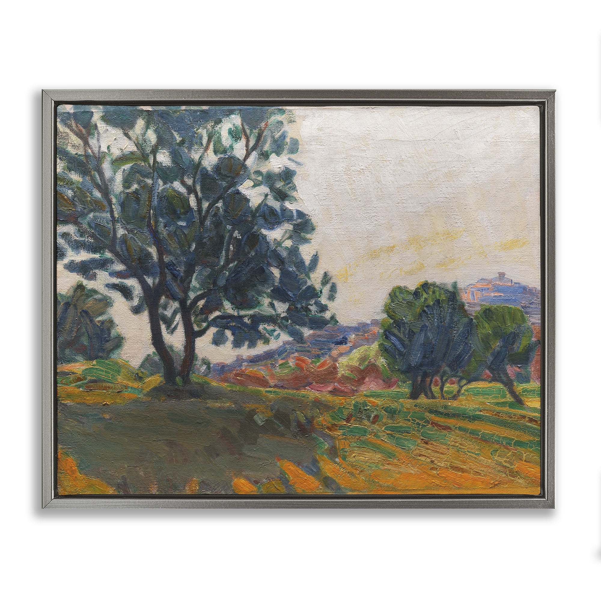 Stupell Industries Tree in Shadow Landscape & Nature Painting Gray Floater Framed Canvas Art Print Wall Art, 31 x 25