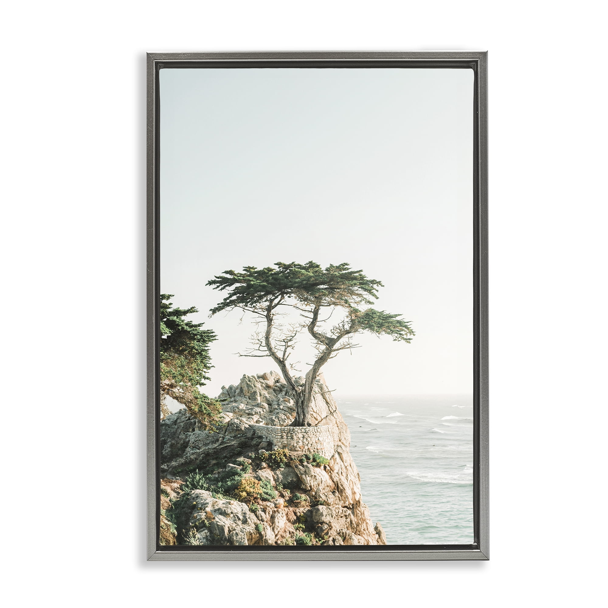 Stupell Industries Tree on Beachside Cliff Nautical & Beach Photography Gray Floater Framed Canvas Art Print Wall Art, 17 x 25