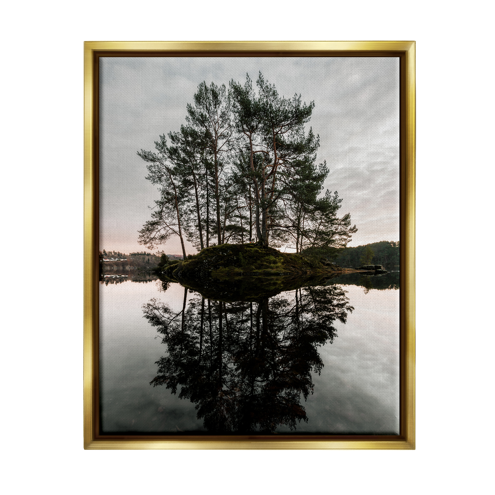Stupell Industries Tree on Lake Landscape Nature Photography Gold Floater Framed Art Print Wall Art, 17 x 21