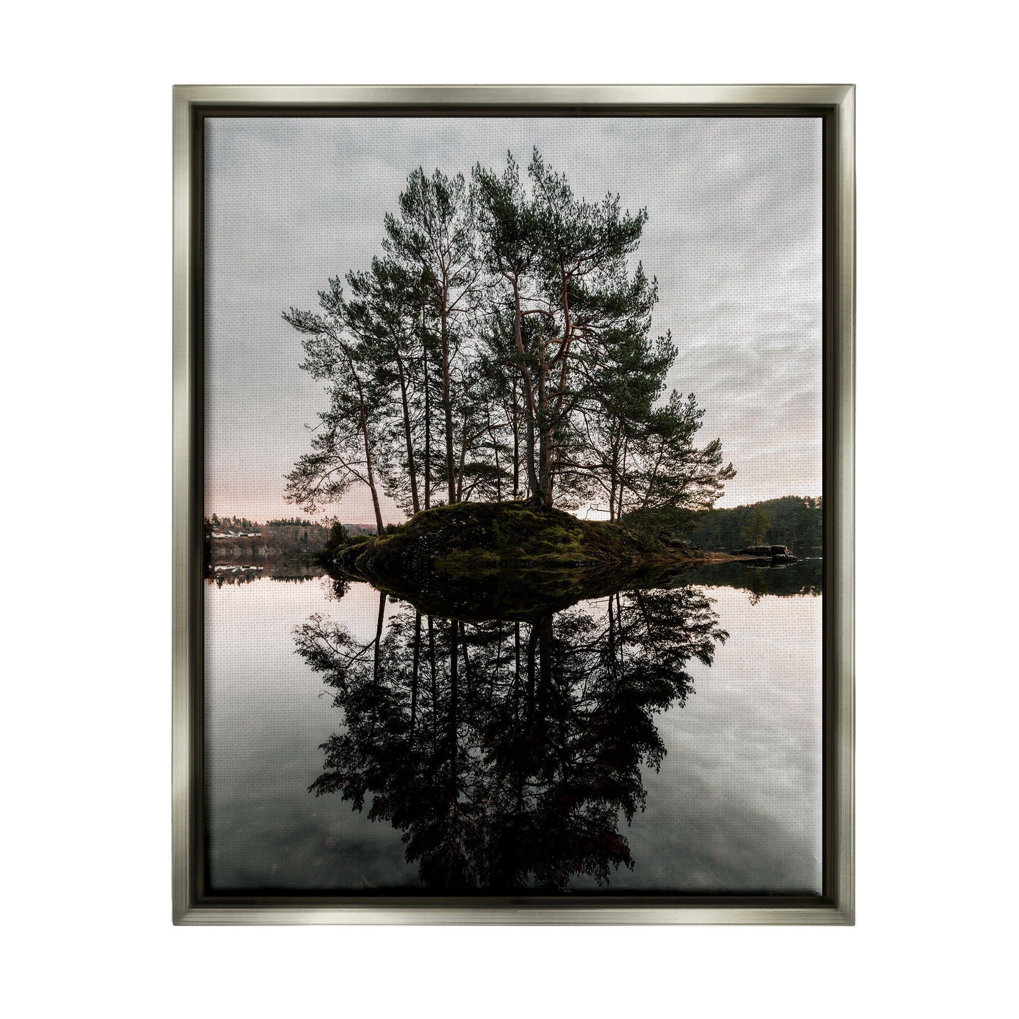 Stupell Industries Tree on Lake Landscape Nature Photography Gray Floater Framed Art Print Wall Art, 25 x 31