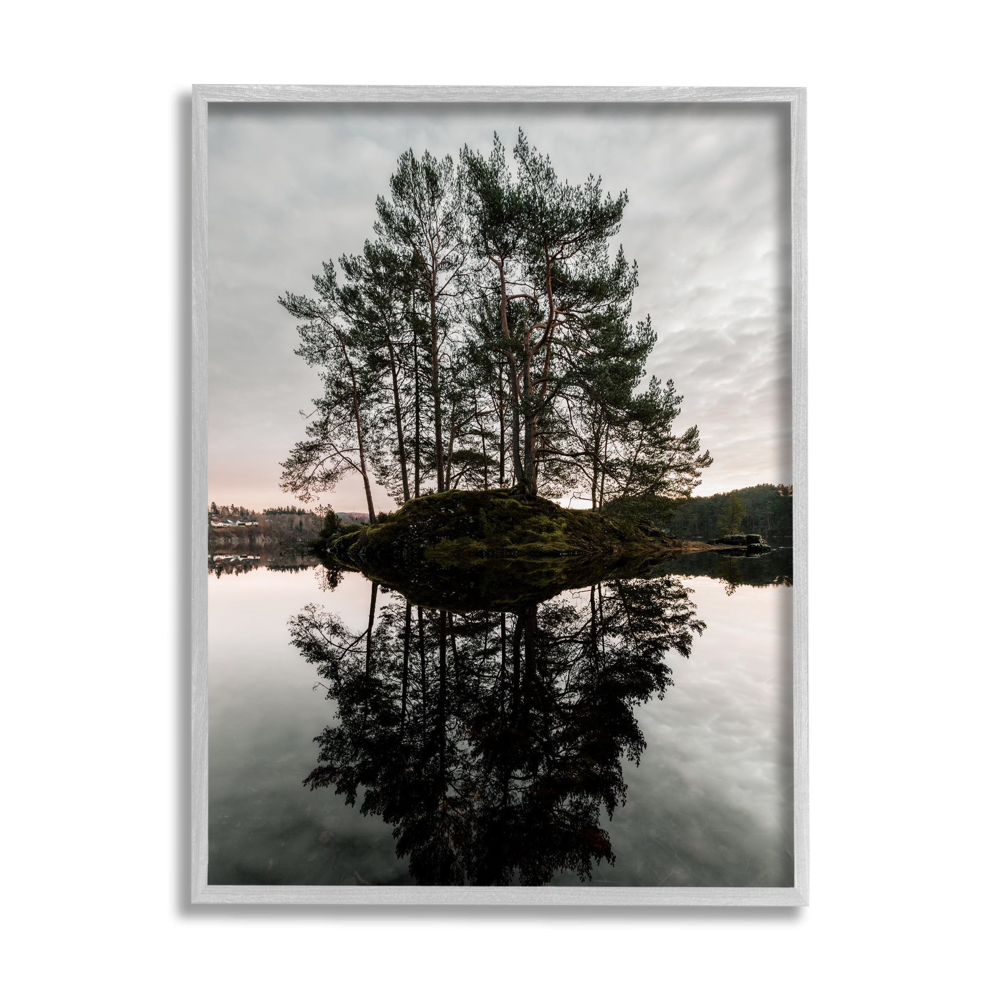 Stupell Industries Tree on Lake Landscape Nature Photography Gray Framed Art Print Wall Art, 24 x 30