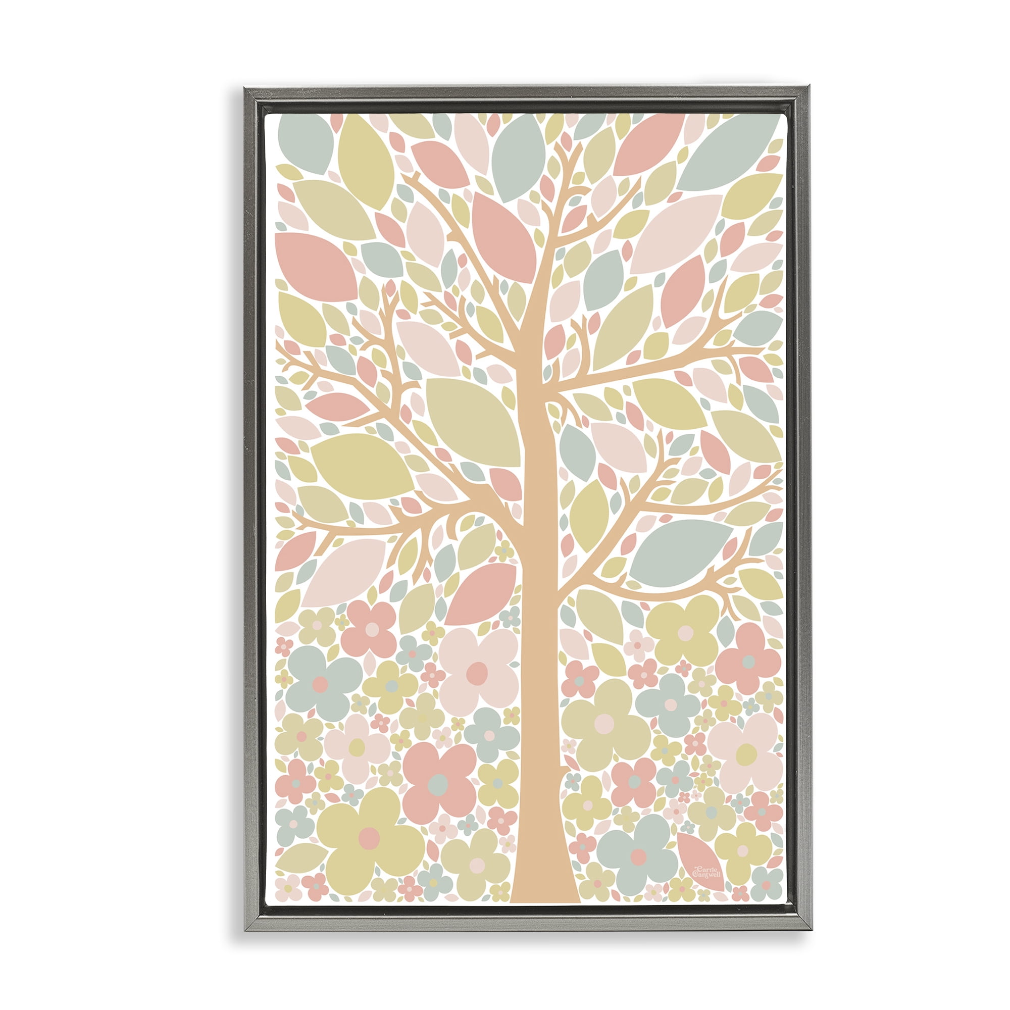 Stupell Industries Tree with Pastel Leaves Landscape Painting Gray Floater Framed Art Print Wall Art, 21 x 31