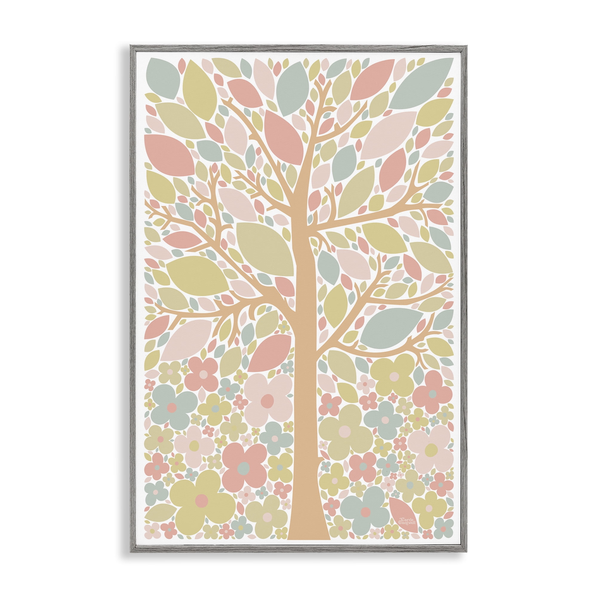 Stupell Industries Tree with Pastel Leaves Landscape Painting Gray Framed Art Print Wall Art, 16 x 24