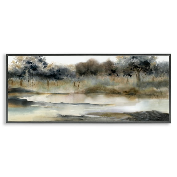 Trees By Lakeside Landscape Black Framed Giclee Art, 24 x 10, Made In USA