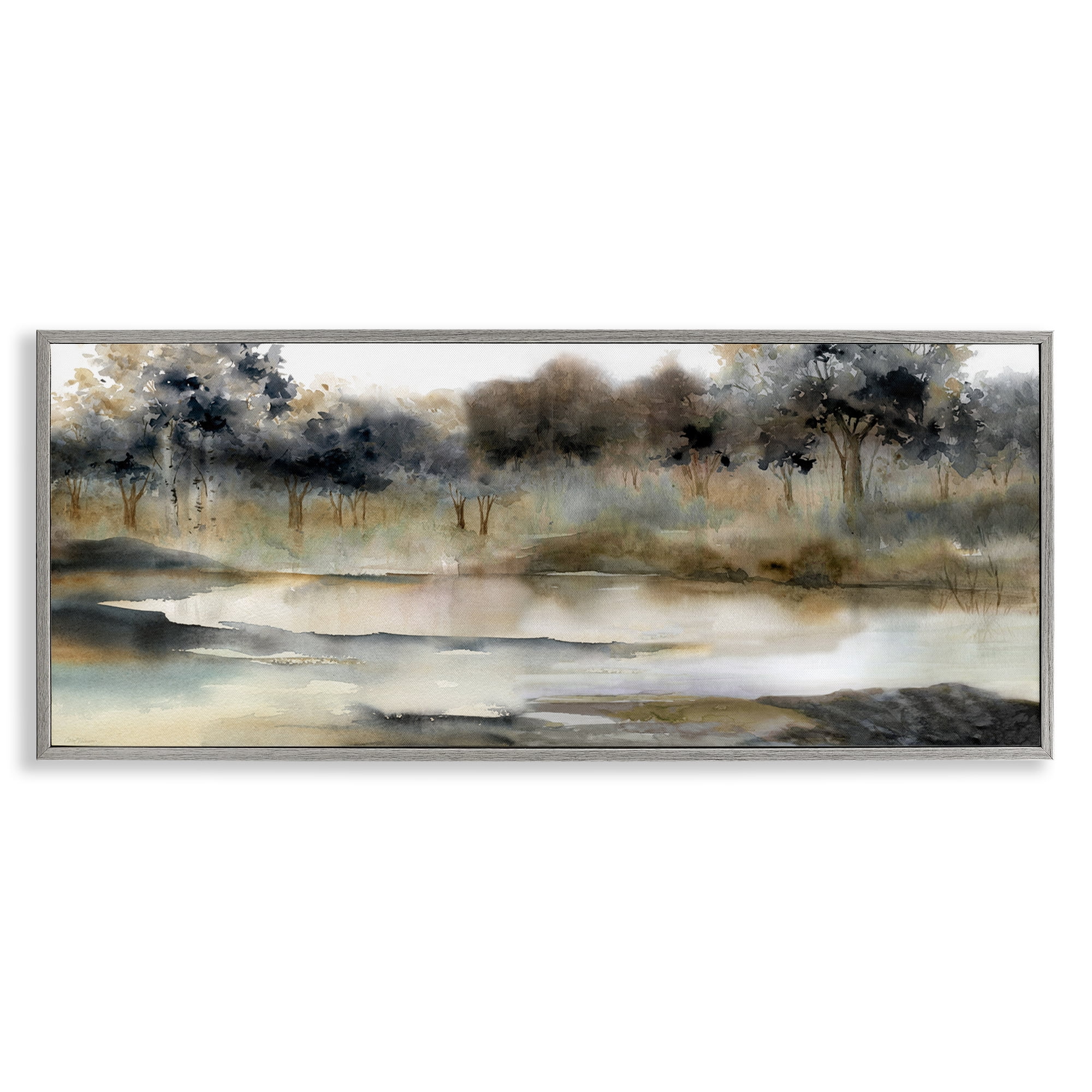 Trees By Lakeside Landscape Gray Framed Giclee Art, 30 x 13