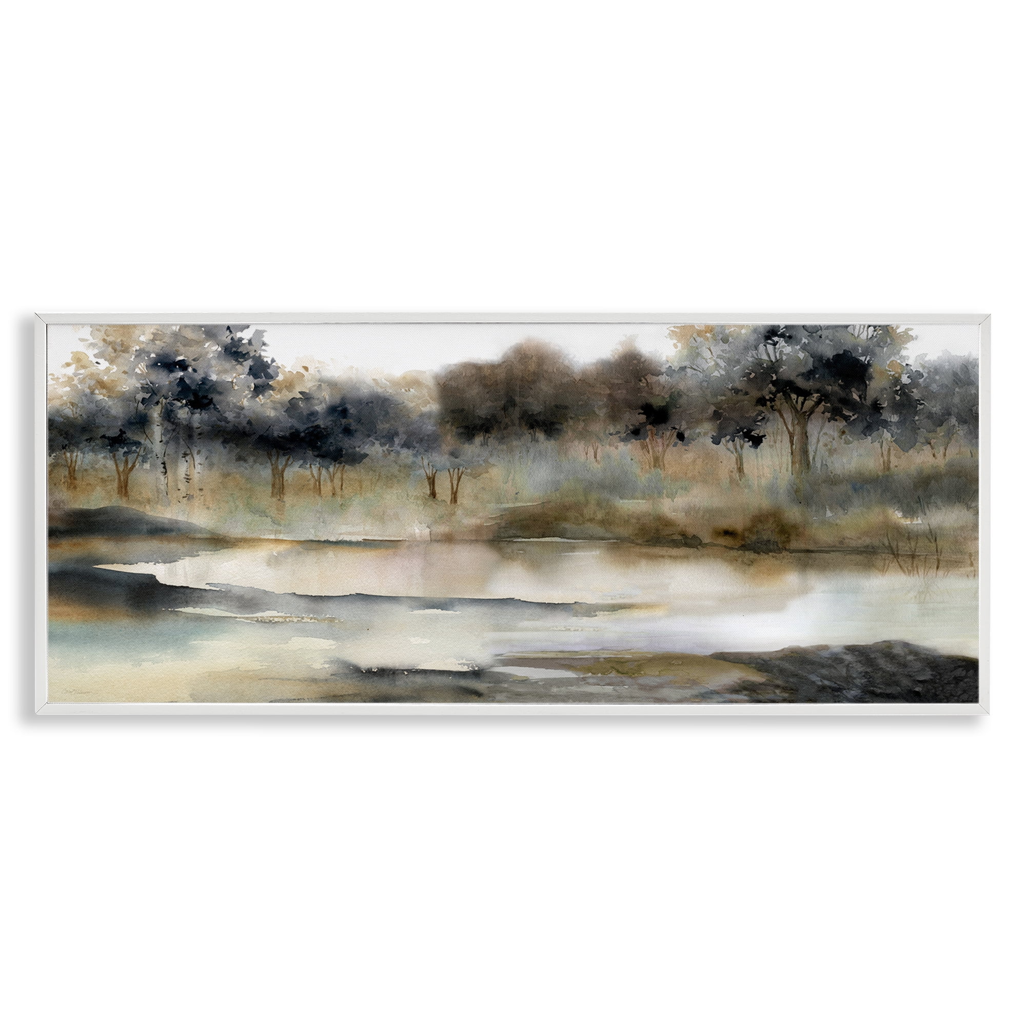 Trees By Lakeside Landscape White Framed Giclee Art, 24 x 10
