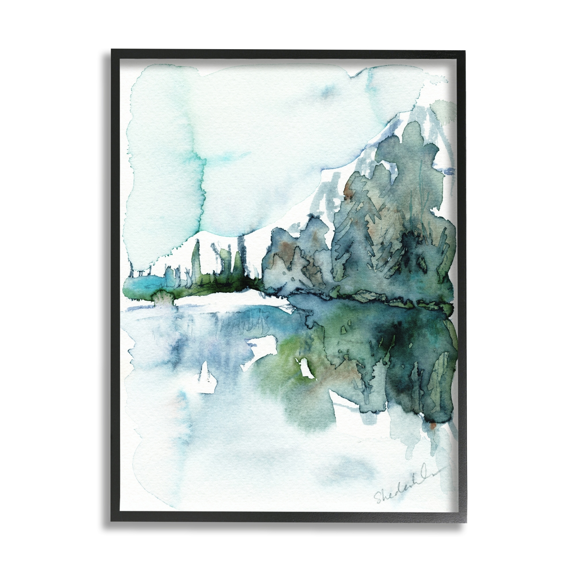 Stupell Industries Trees Lake Reflection Modern Landscape Watercolor Effect Painting Black Framed Art Print Wall Art, Design by Kendra Shedenhelm