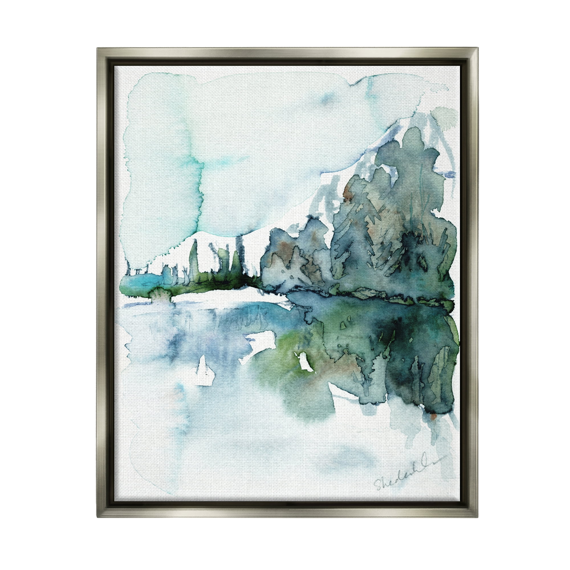 Stupell Industries Trees Lake Reflection Modern Landscape Watercolor Effect Painting Luster Gray Floating Framed Canvas Print Wall Art, Design by Kendra Shedenhelm