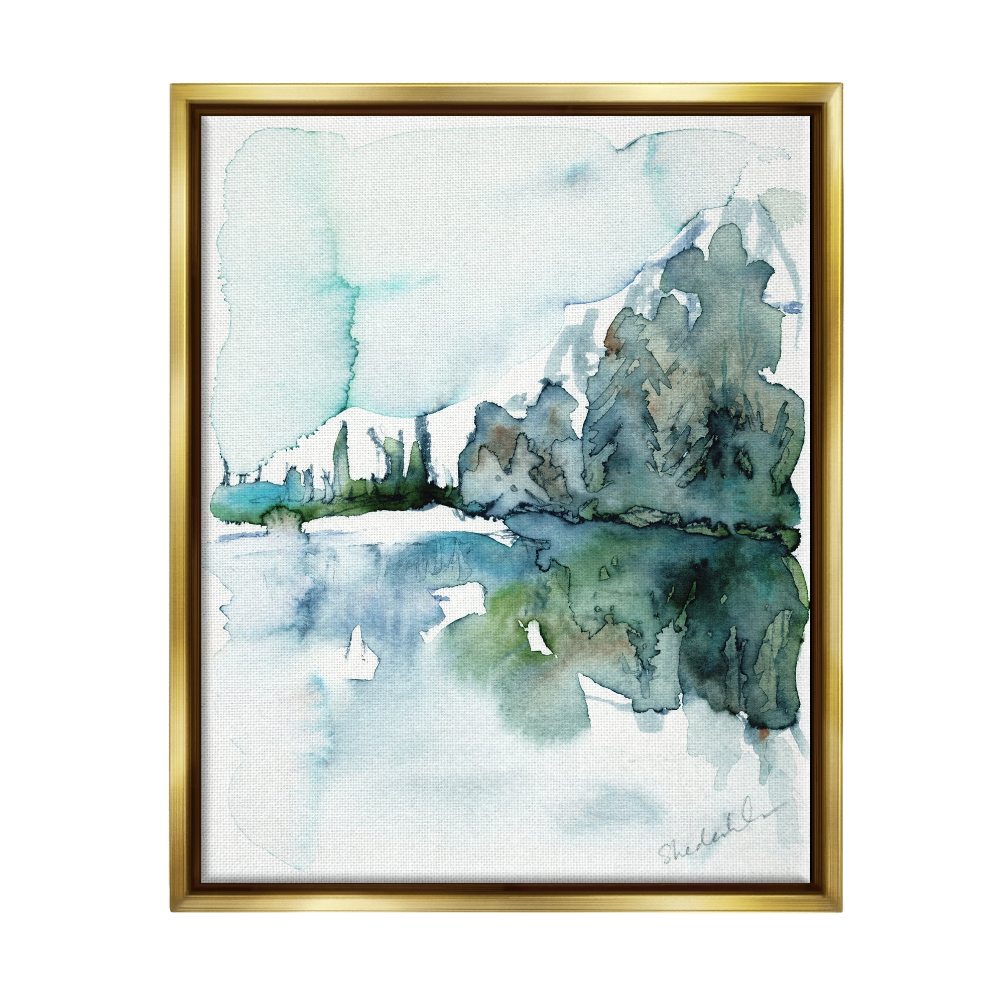 Stupell Industries Trees Lake Reflection Modern Landscape Watercolor Effect Painting Metallic Gold Floating Framed Canvas Print Wall Art, Design by Kendra Shedenhelm