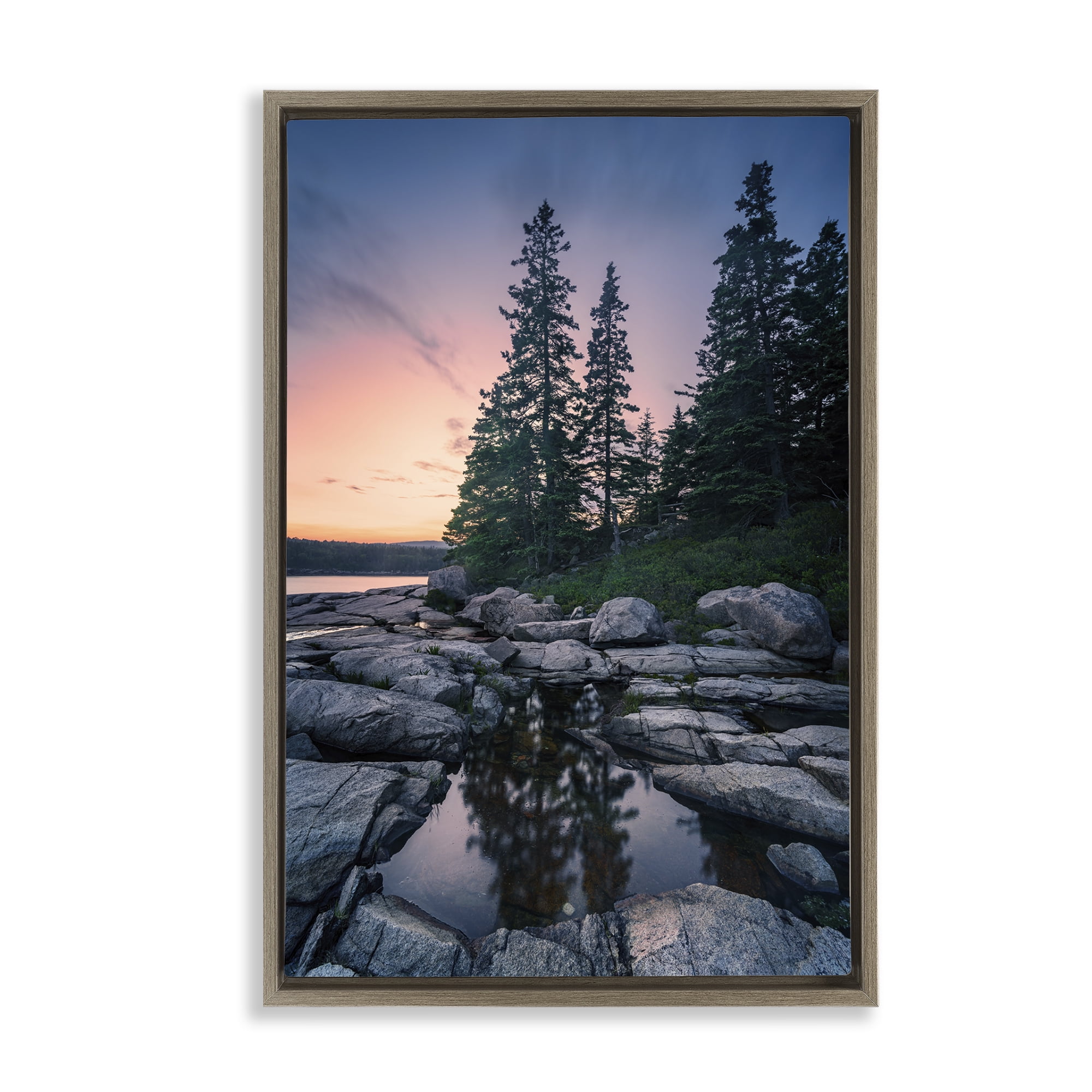 Stupell Industries Trees Reflected in Tide Pool Landscape & Nature Photography Brown Floater Framed Canvas Art Print Wall Art, 17 x 25