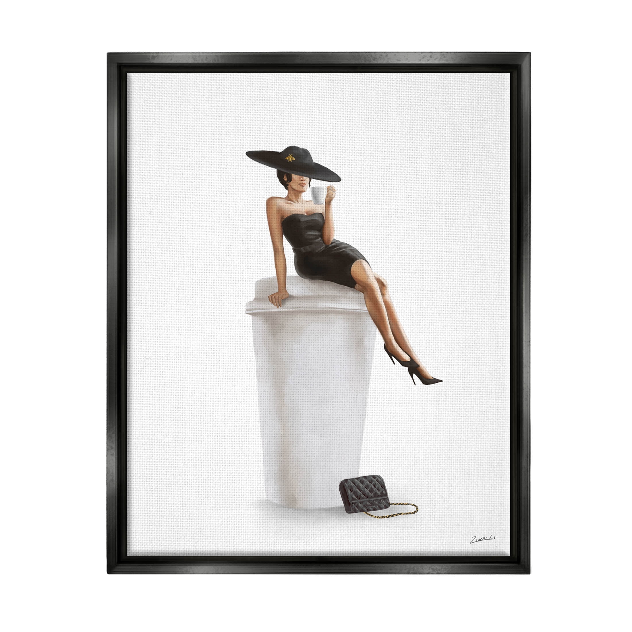 Stupell Industries Trendy Black Dress Fashionable Woman Graphic Art Jet Black Floating Framed Canvas Print Wall Art, Design by Ziwei Li