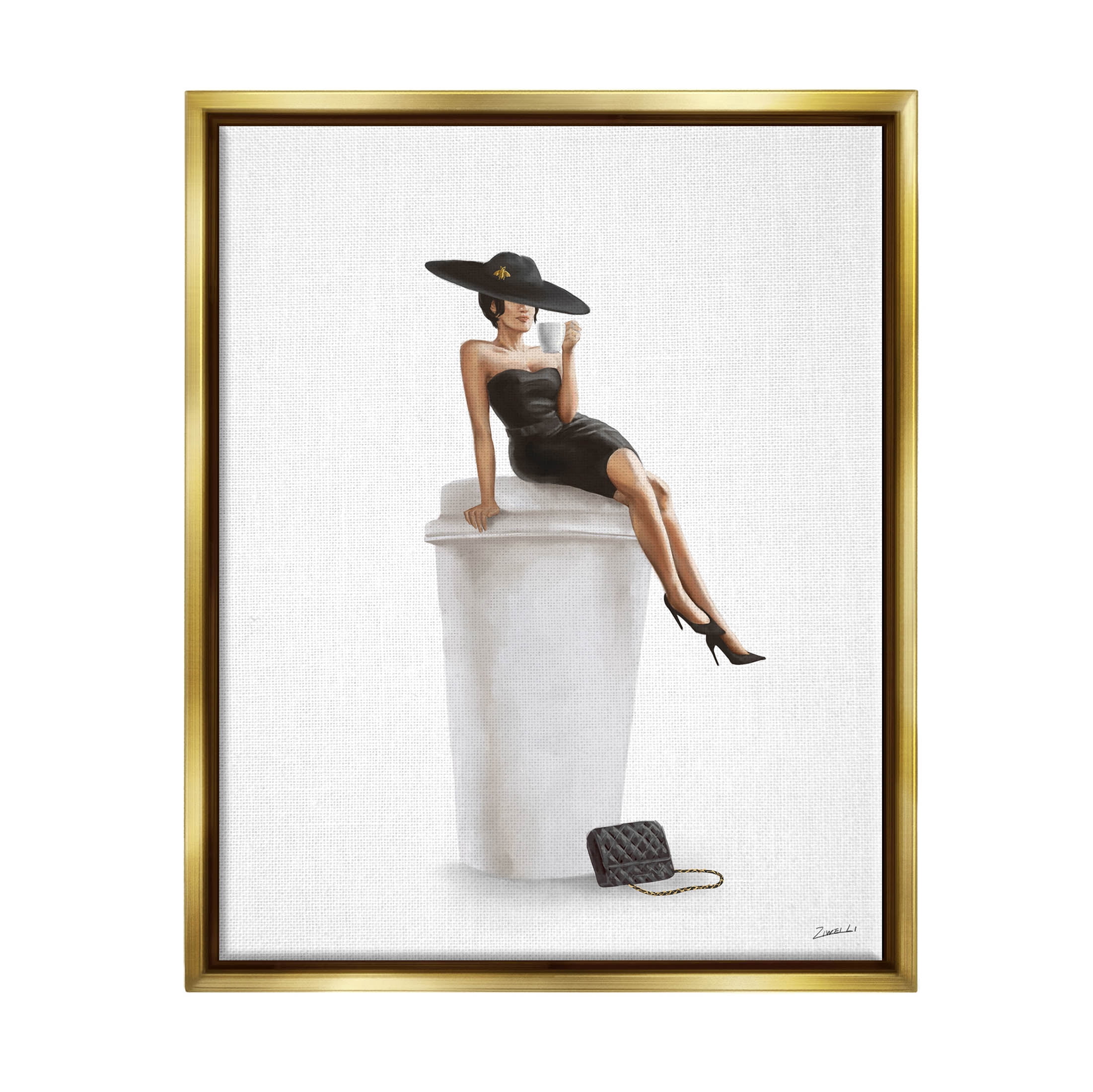 Stupell Industries Trendy Black Dress Fashionable Woman Graphic Art Metallic Gold Floating Framed Canvas Print Wall Art, Design by Ziwei Li