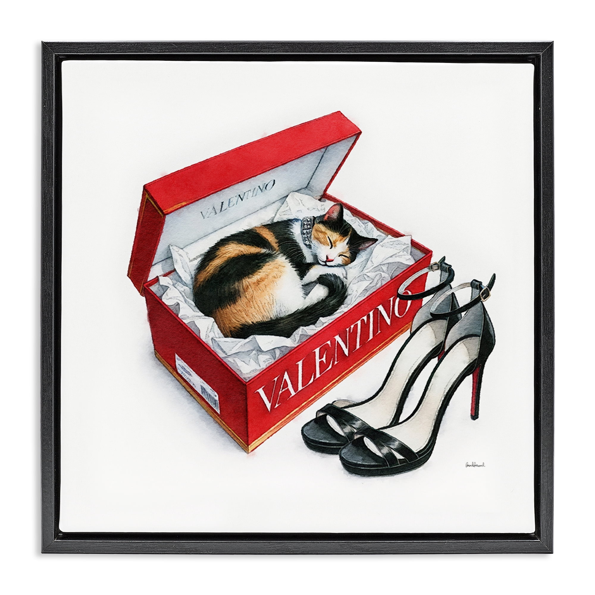 Stupell Industries Trendy Cat Shoebox Animals Painting Black Floater Framed Canvas Art Print Wall Art, 18 x 18