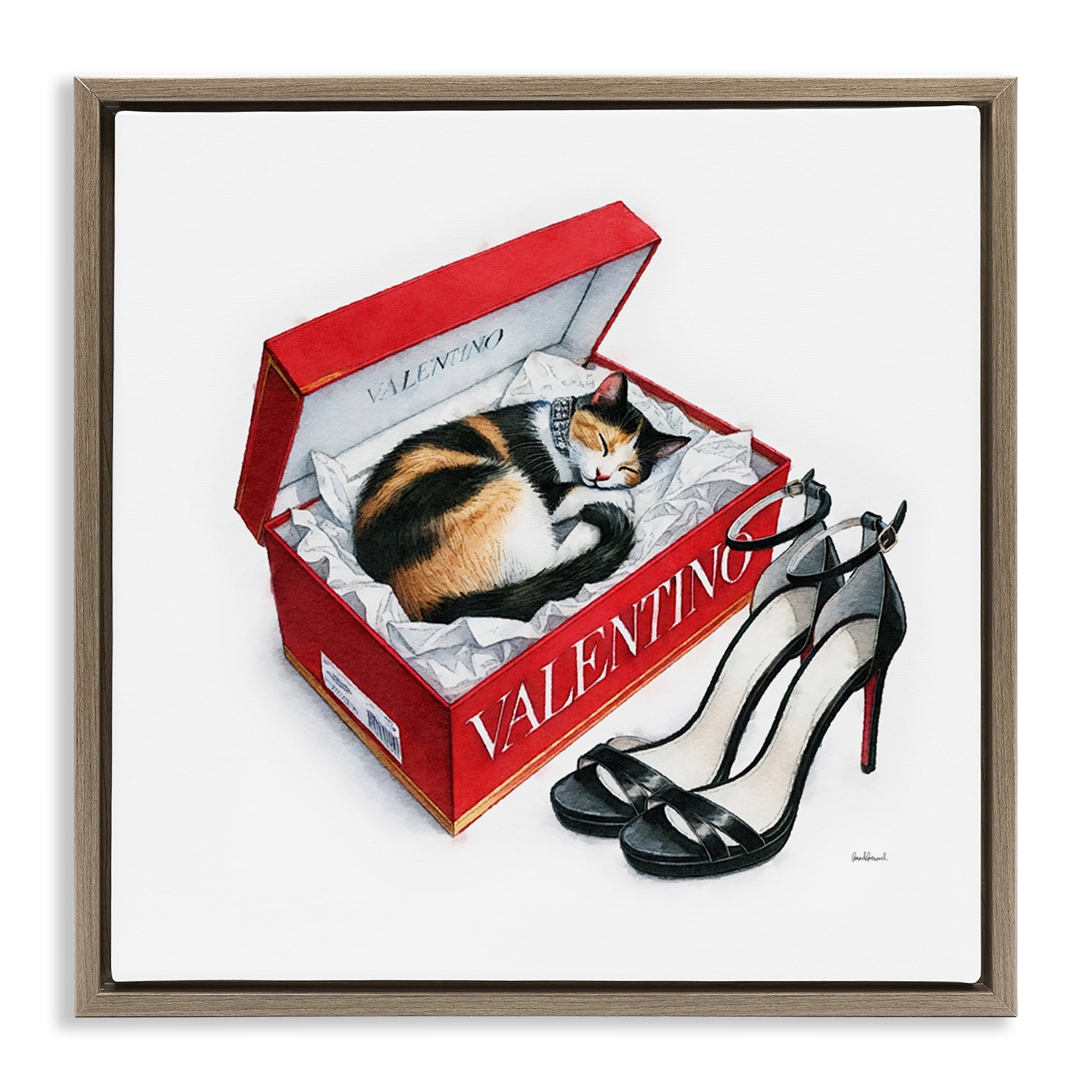 Stupell Industries Trendy Cat Shoebox Animals Painting Brown Floater Framed Canvas Art Print Wall Art, 18 x 18