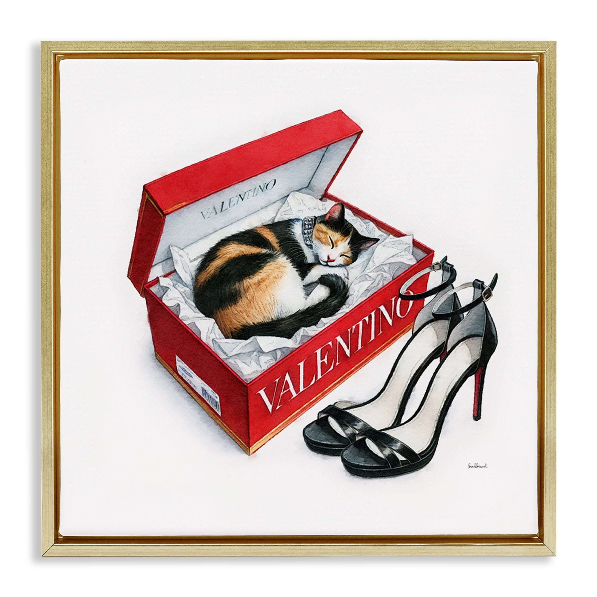 Stupell Industries Trendy Cat Shoebox Animals Painting Gold Floater Framed Canvas Art Print Wall Art, 18 x 18