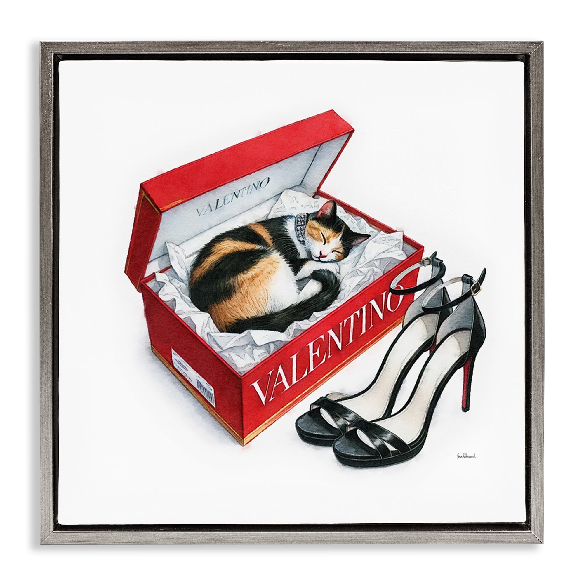 Stupell Industries Trendy Cat Shoebox Animals Painting Gray Floater Framed Canvas Art Print Wall Art, 25 x 25