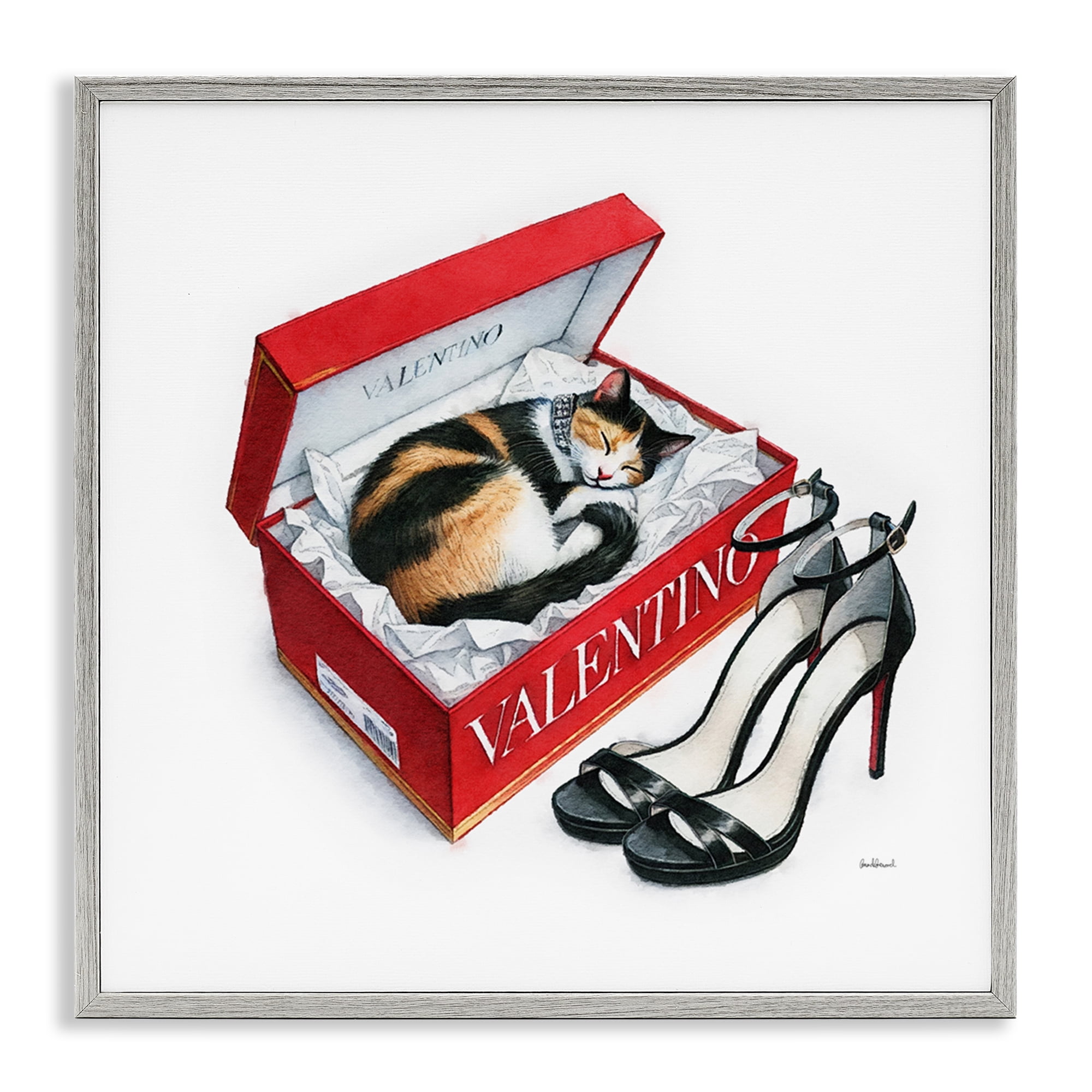 Stupell Industries Trendy Cat Shoebox Animals Painting Gray Framed Art Print Wall Art, 12 x 12