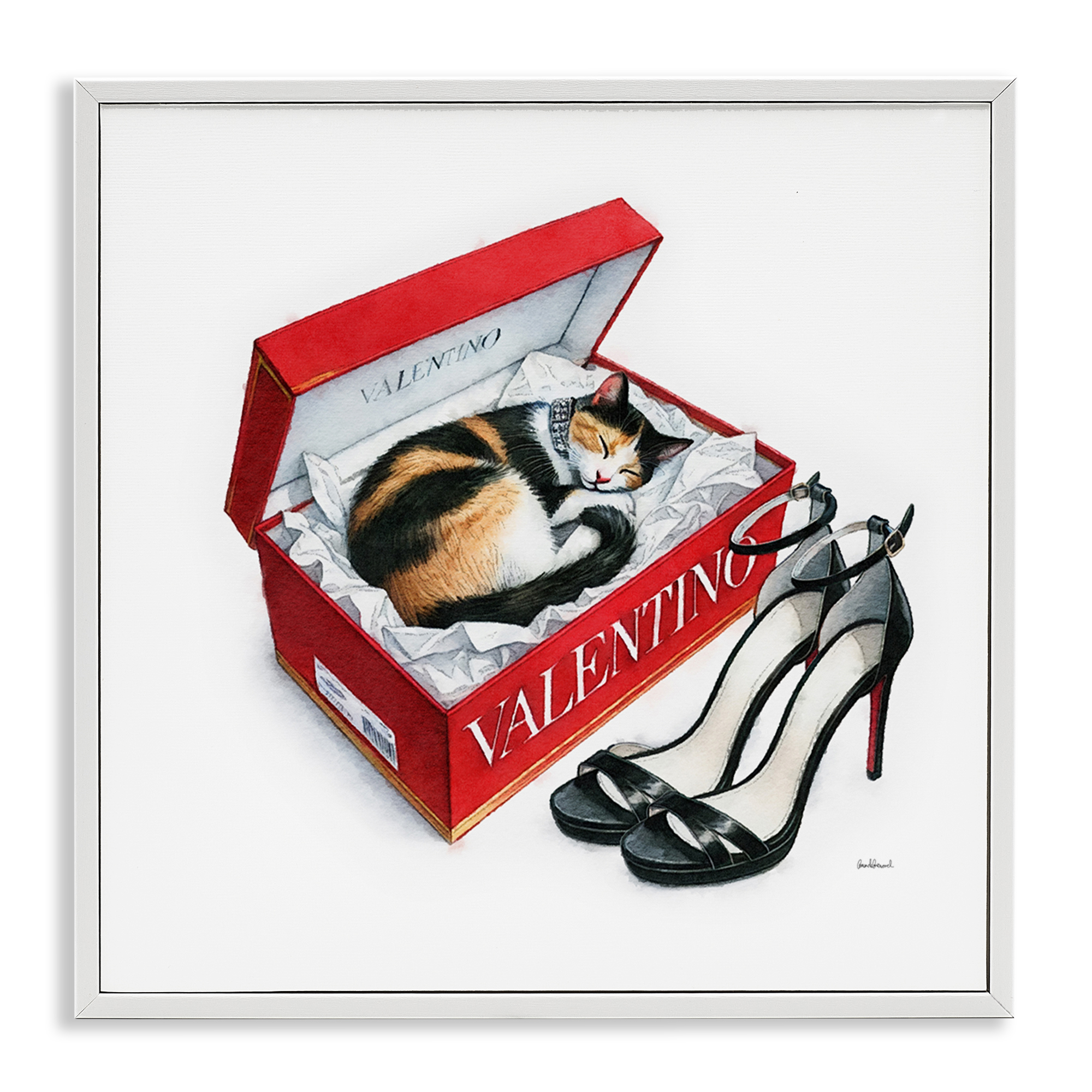 Stupell Industries Trendy Cat Shoebox Animals Painting White Framed Art Print Wall Art, 24 x 24