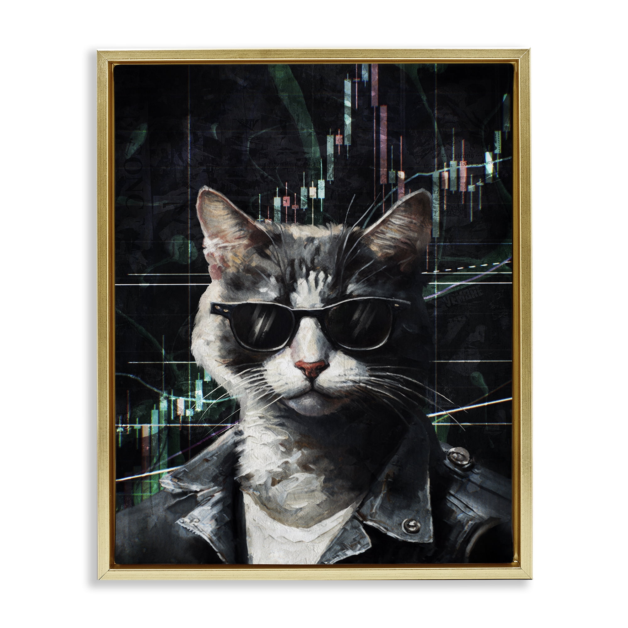 Stupell Industries Trendy Cat Sunglasses Animals Painting Gold Floater Framed Canvas Art Print Wall Art, 17 x 21